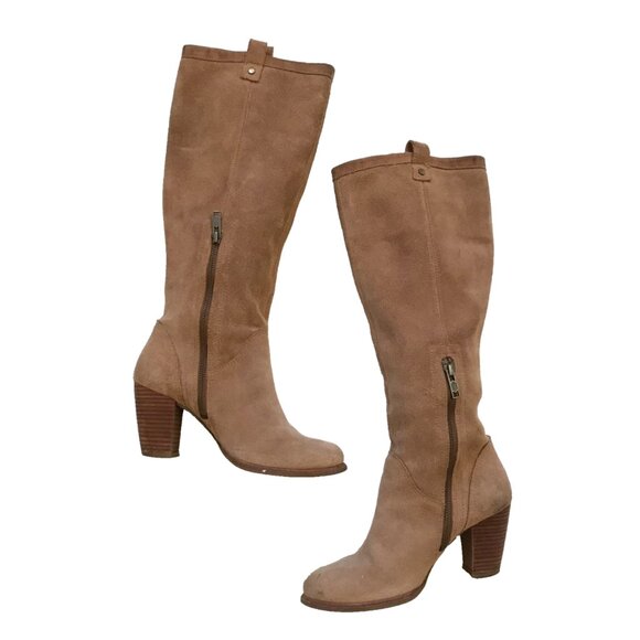 UGG Ava Knee High Tall Suede Boots Womens 6.5 Brown Tan Block Heels Leather Zip - Picture 4 of 16